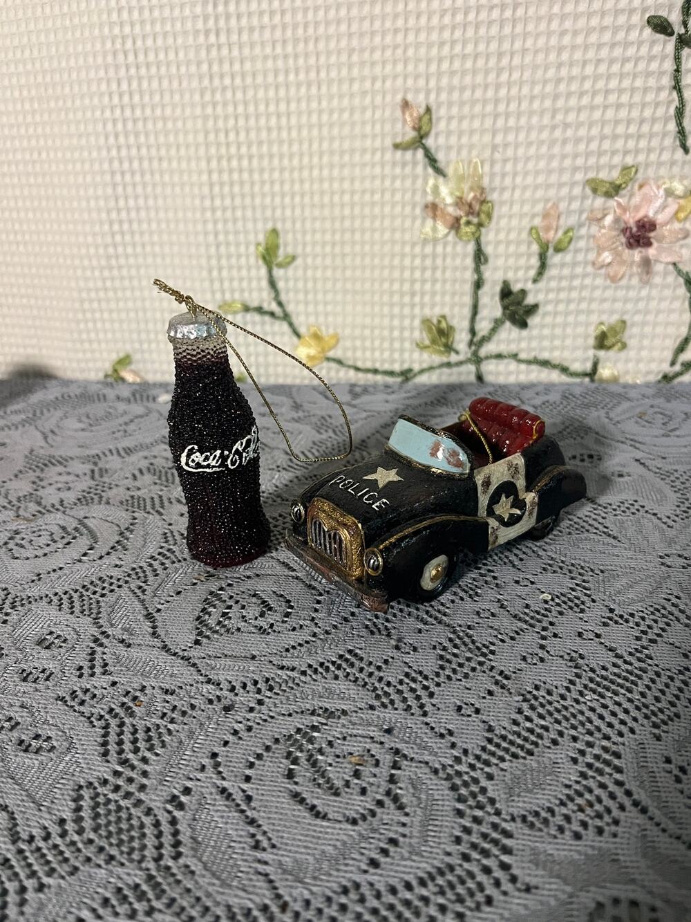 Christmas Ornament Lot Folk Art Black Police Car + Coca-Cola Beaded Glitter